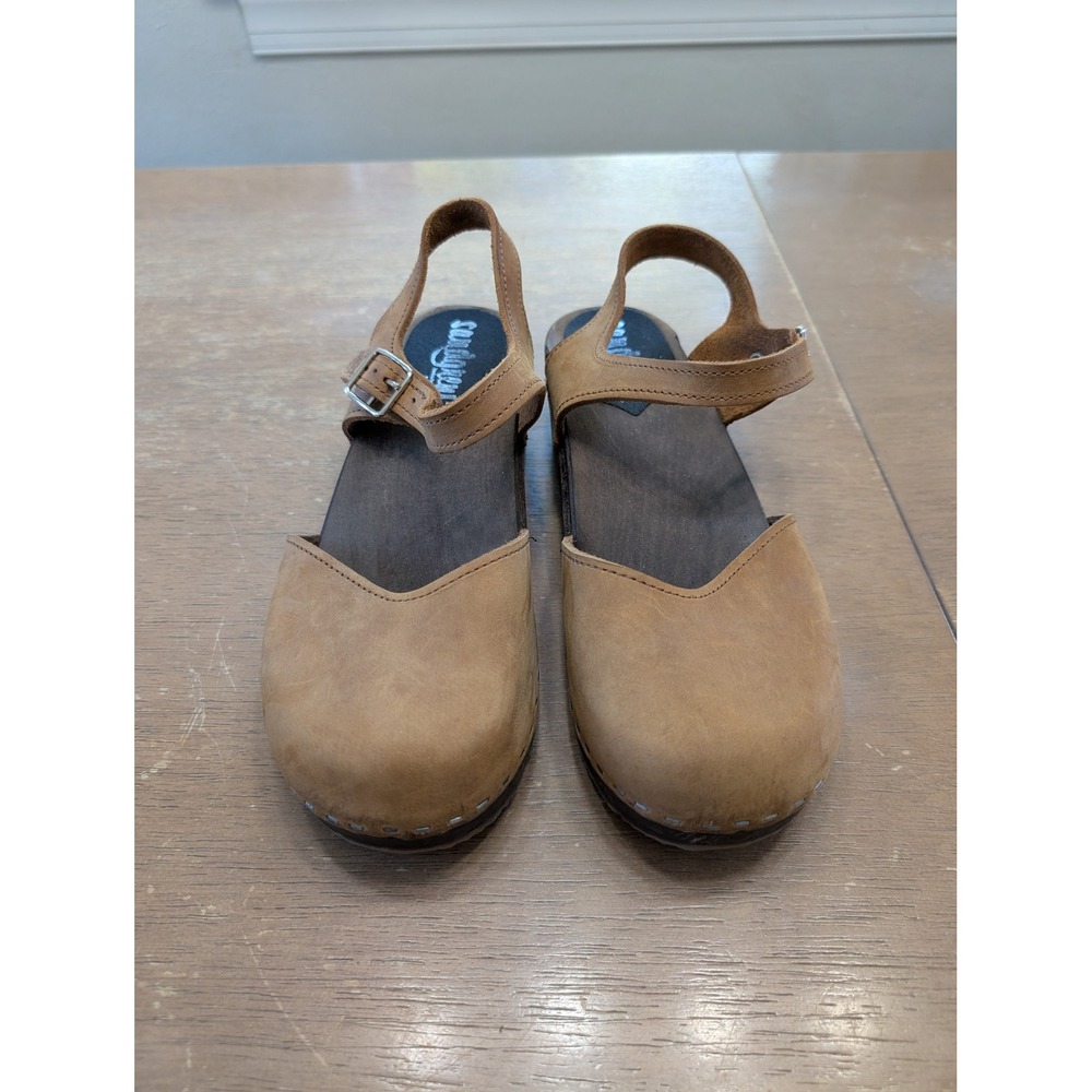 Sandgrens Saragasso Classic Clogs Women's 39 Tan Leather Wooden MaryJane Swedish - Picture 3 of 11